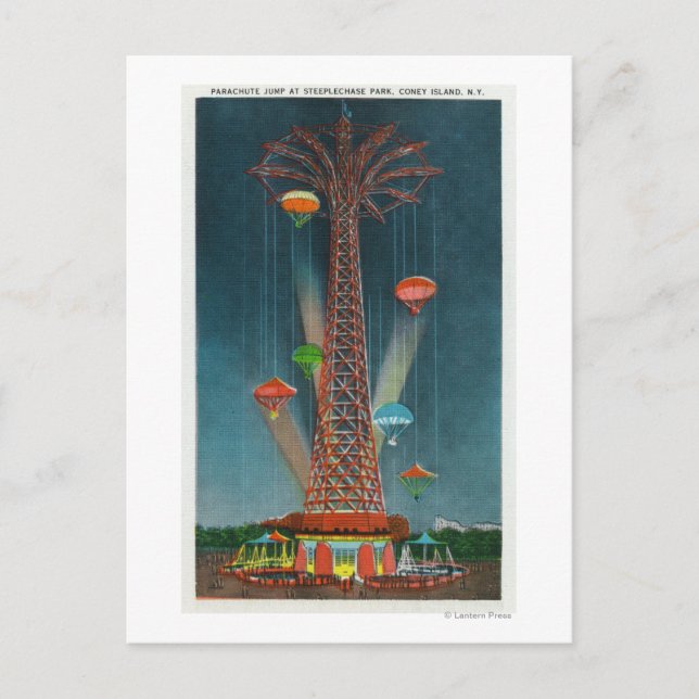 Postal Steeplechase Park Parachute Jump View en la noche (Anverso)