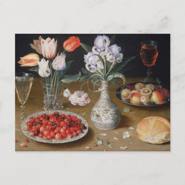 Postal Still Lilies,Tulips, Cherries and Strawberries (Anverso)