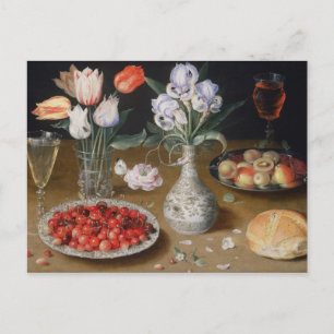 Postal Still Lilies,Tulips, Cherries and Strawberries