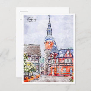 Postal Stolberg Alemania color de agua de viaje vintage