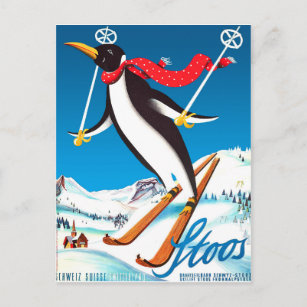 Postal Stoos, Pingüino en un esquí, montañas de Suiza