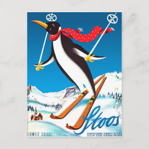 Postal Stoos, Pingüino en una pista de esquí, montañas de