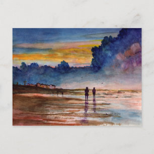 Postal Stormy Sunset Beach Combing Watercolor Seascape
