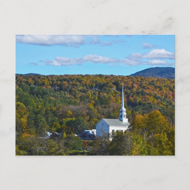 Postal Stowe, Vermont, iglesia comunitaria en otoño (Anverso)