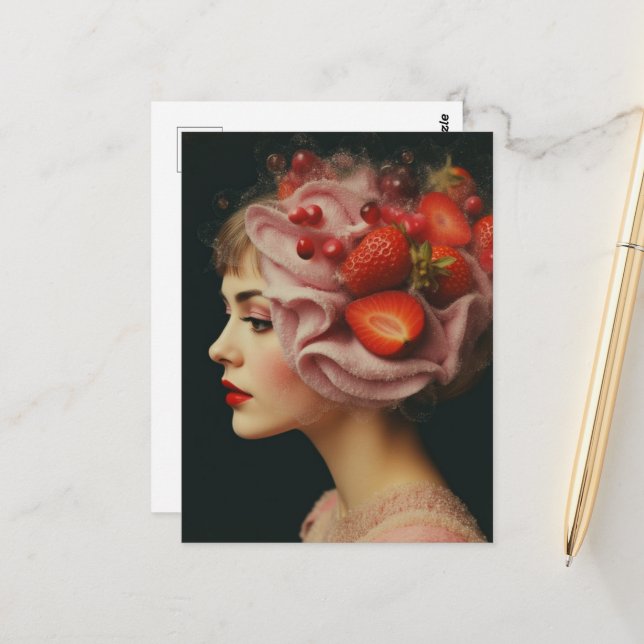 Postal Strawberry Dessert Woman Collage (Anverso/Reverso In Situ)