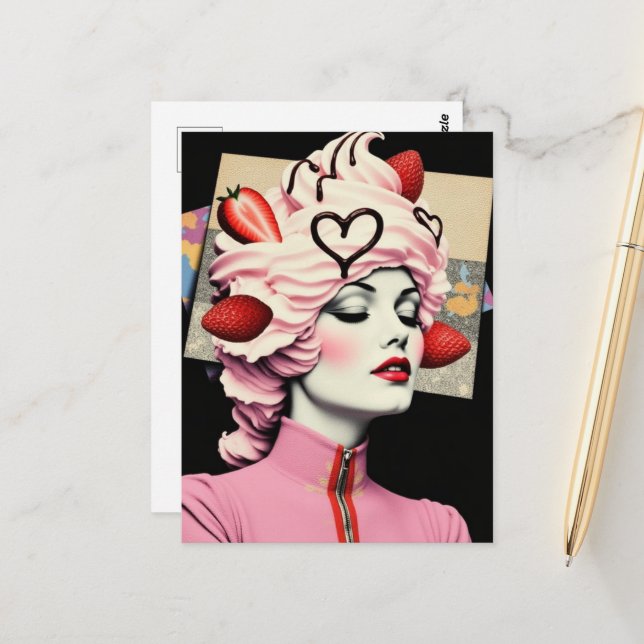 Postal Strawberry Dessert Woman Collage (Anverso/Reverso In Situ)