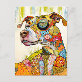 Postal striking dog portrait with bright colors and bold 