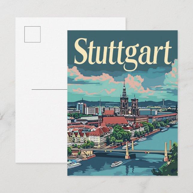 Postal Stuttgart Alemania Ilustracion de Viajes Vintage (Anverso / Reverso)
