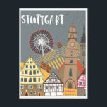 Postal Stuttgart City Alemania Retro Skyline Vintage<br><div class="desc">vintage,  retro,  travel,  moderno,  acuarela,  Marktplatz,  Stuttgart,  City,  Alemania, </div>