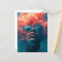 Su cabeza en las nubes rosadas arte surrealista