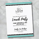 Postal Su Fiesta de lanzamiento comercial de logotipos<br><div class="desc">Una invitación divertida pero simple en blanco y negro para una gran apertura de negocio o un evento de fiesta de lanzamiento de marca o producto. Añade tu propio logotipo a la parte superior para darle tu marca, y puedes cambiar el color verde azulado o turquesa a negro o a...</div>