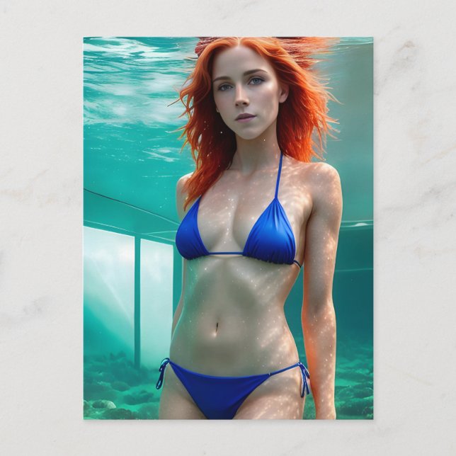 Postal submarina azul bikini de pelo rojo (Anverso)