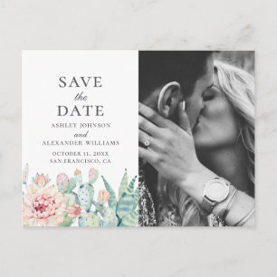 Postal Suculenta floral de acuarela. Cactus Save the Date