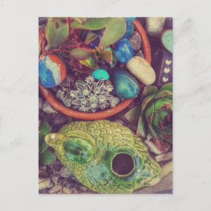Postal Suculentos y pequeños objetos de arte en el jardín