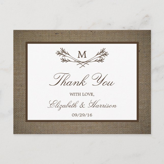 Postal Sucursal de Monograma Rústico del País y Boda de B (Anverso)