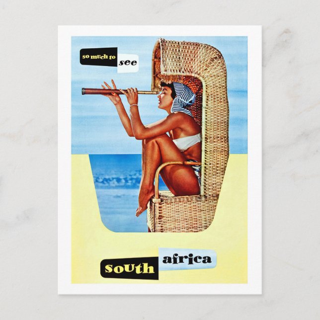 Postal Sudáfrica, mujer con dourbin, cosecha, viaje (Anverso)