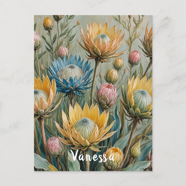 Postal Sueño Pastel Protea: Floral elegante (Anverso)