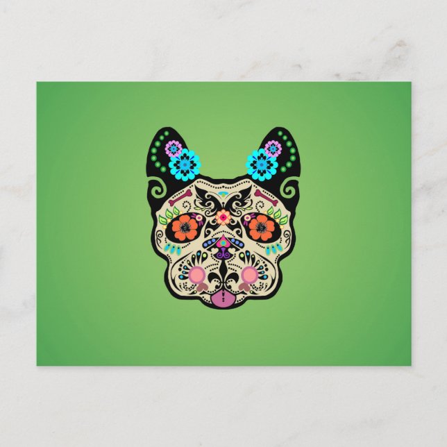 Postal Sugar Skull Frenchie - Verde (Anverso)