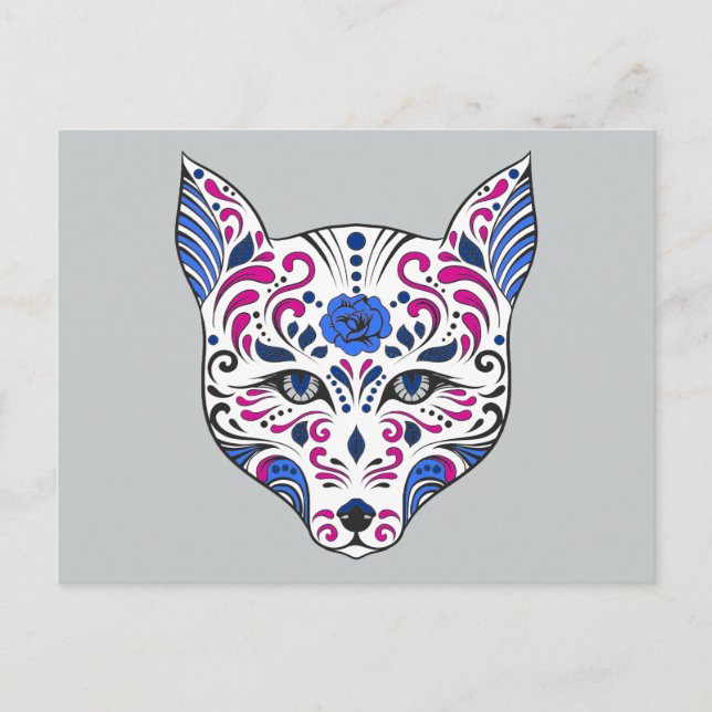 Postal Sugar Skull Wolf Head Blue Purple (Anverso)
