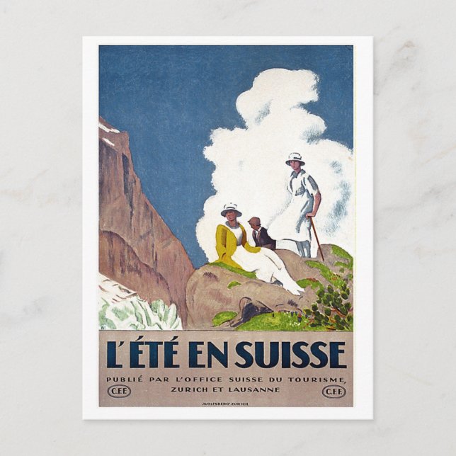 Postal Suiza, picnic de verano en las montañas, cosecha (Anverso)