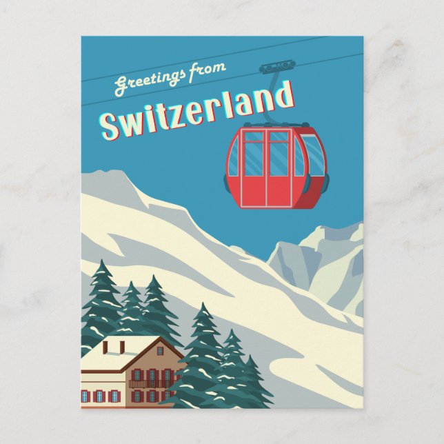 Postal Suiza Retro Góndola de Montaña Nevada (Anverso)