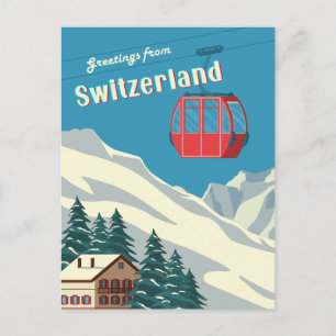 Postal Suiza Retro Snowy Mountain Gondola
