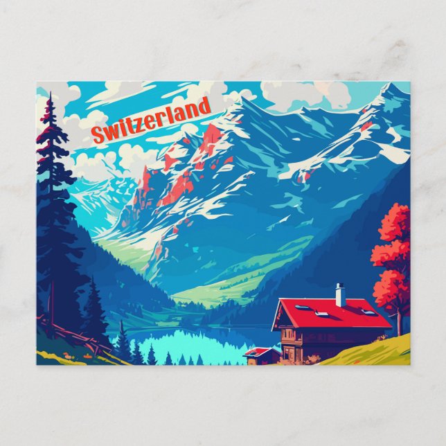 Postal Suiza: Viaje de chalet alpino retro (Anverso)