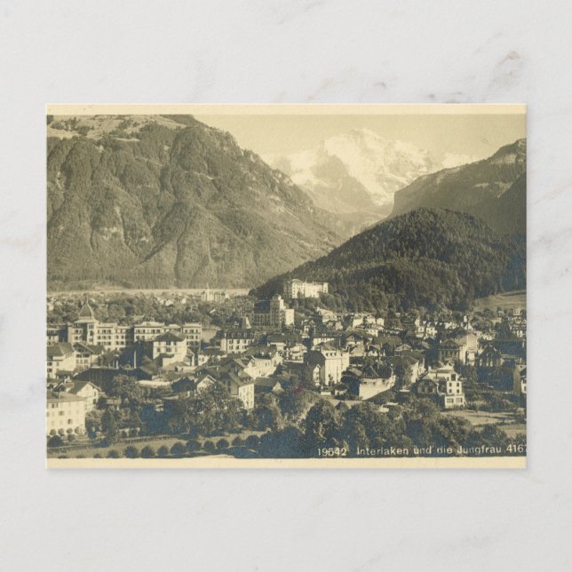 Postal Suiza vintage, Interlaken y Jungfrau (Anverso)