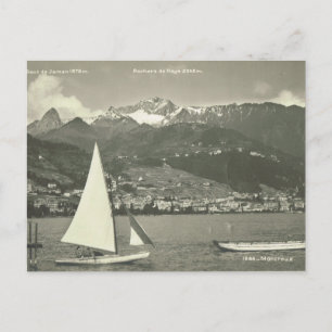 Postal Suiza vintage, Montreux, lago Ginebra