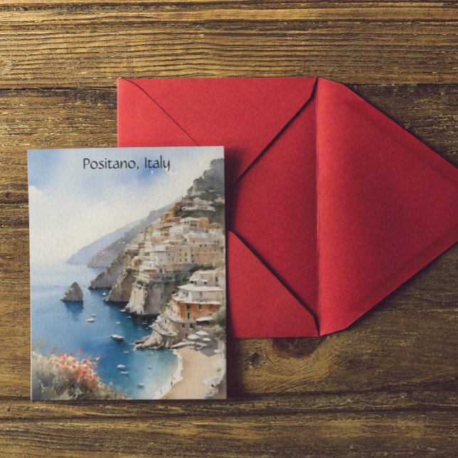 Postal Summer in Positano Italy Watercolor Illustration (Summer in Positano Italy Watercolor Illustration Postcard)