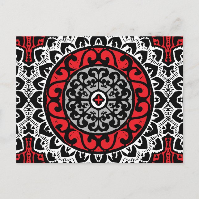 Postal Sun Mandala Batik del Suroeste, Rojo, Negro y Blan (Anverso)