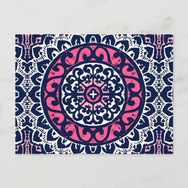 Postal Sun Mandala, Fuchsia, Marina y Blanco del Suroeste (Anverso)