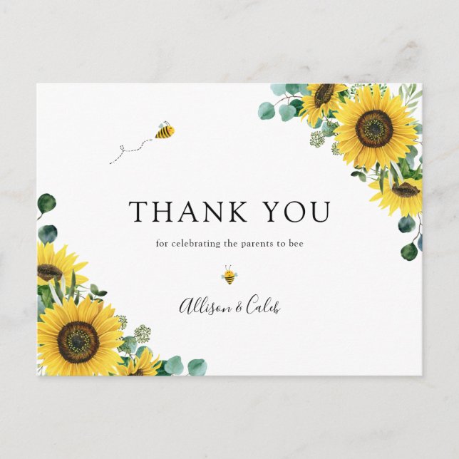 Postal Sunflower Bee Baby Shower Gracias Postcard (Anverso)