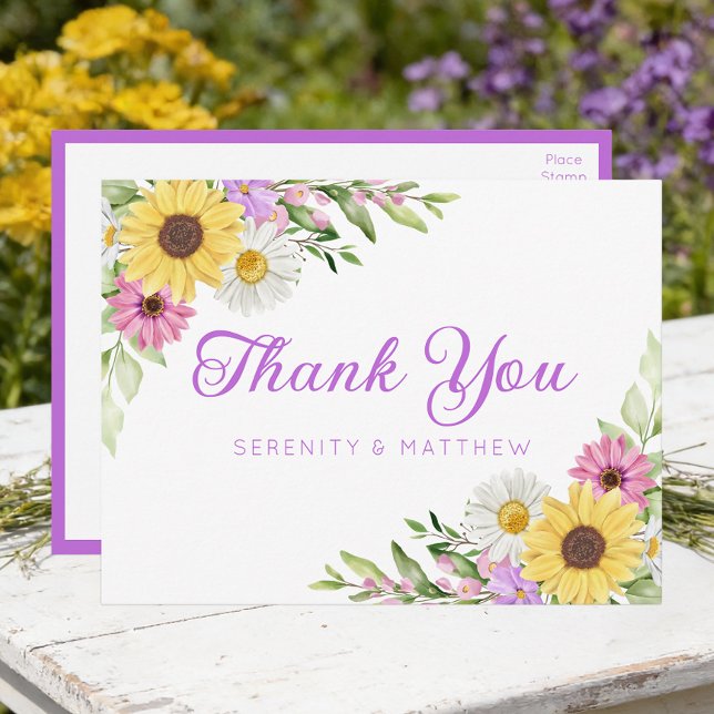Postal Sunflower Daisy Garden Floral Wedding Thank You (Subido por el creador)