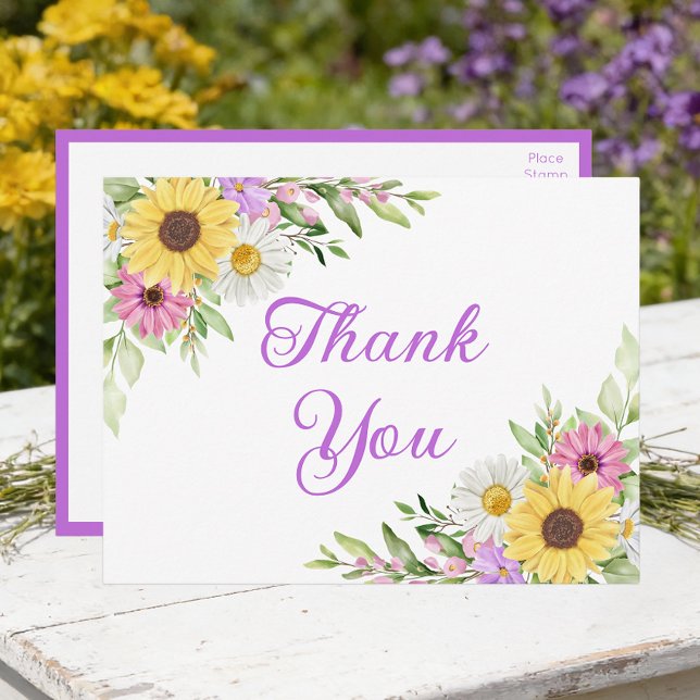 Postal Sunflower Daisy Garden Floral Wedding Thank You (Subido por el creador)