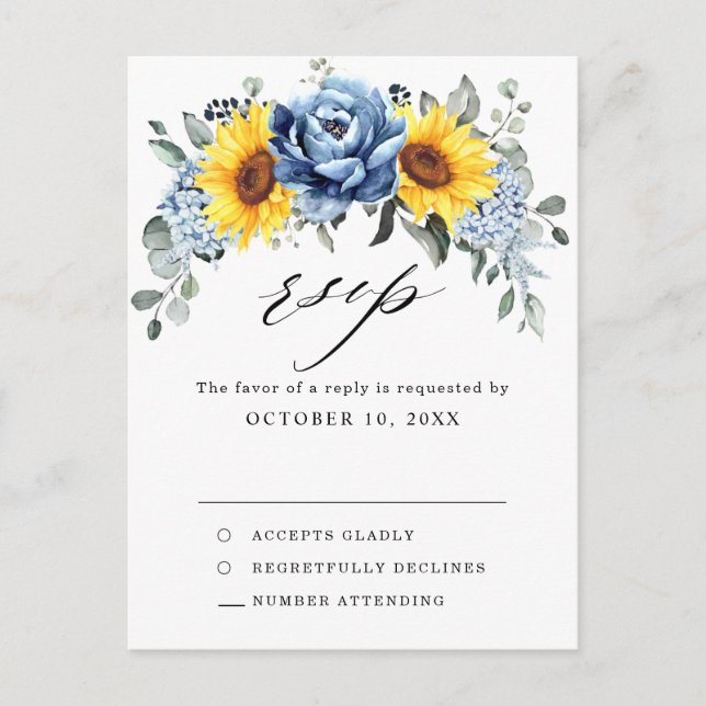 Postal Sunflower Dusty Blue Slate Peony Wedding RSVP (Anverso)