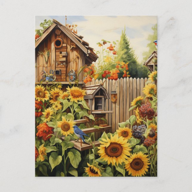 Postal Sunflower Garden 2 Casas de Aves Azules (Anverso)