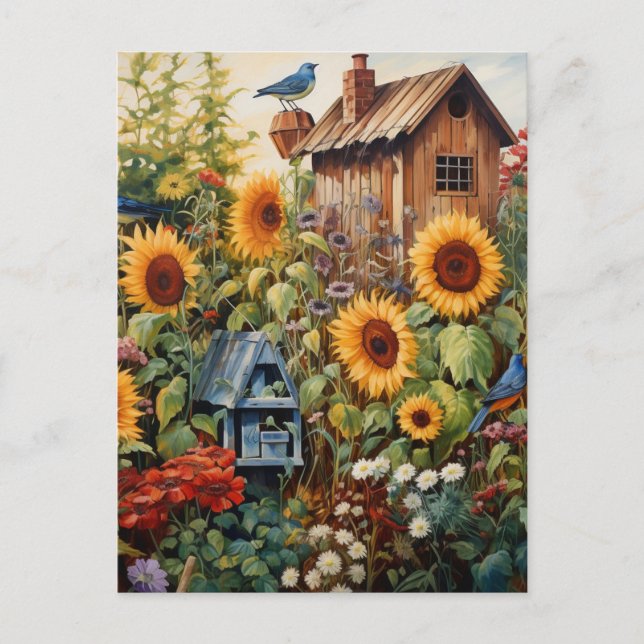 Postal Sunflower Garden 3 Aves Azules (Anverso)