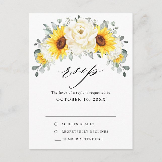 Postal Sunflower Ivory Peony Eucalyptus Wedding RSVP (Anverso)