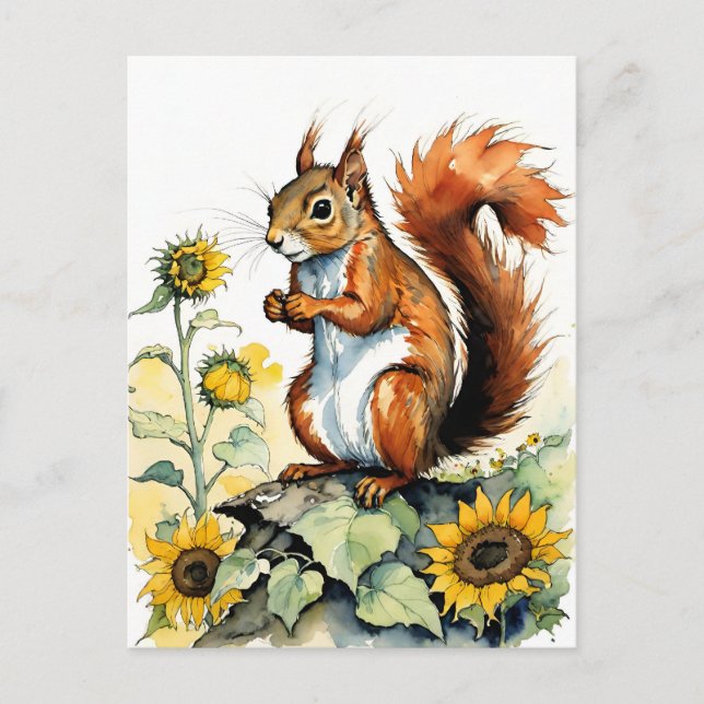 Postal Sunflower Squirrel Watercolor (Anverso)