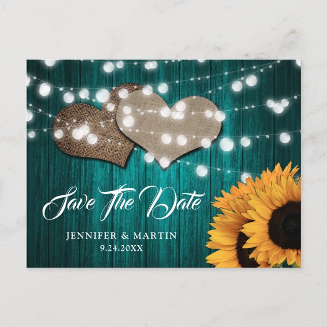 Postal Sunflower Teal Wood Wedding Save The Date (Anverso)