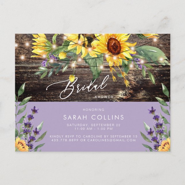 Postal Sunflower y Lavender Bridal Rústica Ducha (Anverso)