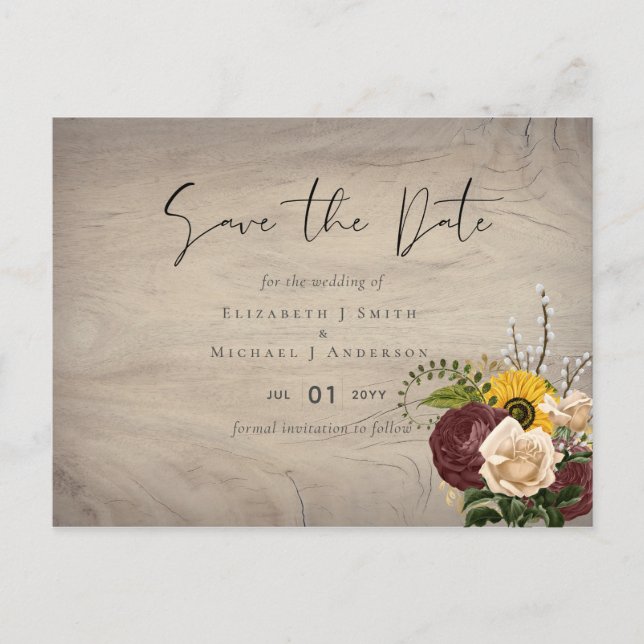 Postal Sunflowers Burgundy Marsala Boda de presupuesto ba (Anverso)