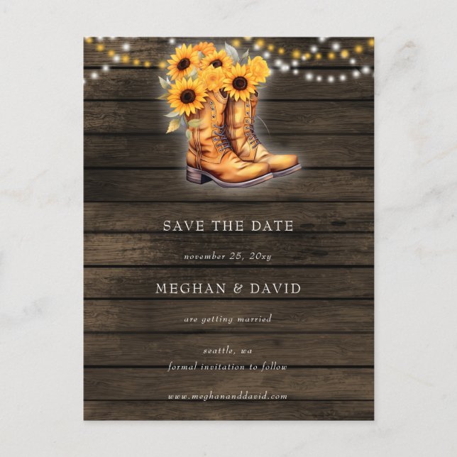 Postal Sunflowers Cowboy Boots Barn Wood Save The Date (Anverso)