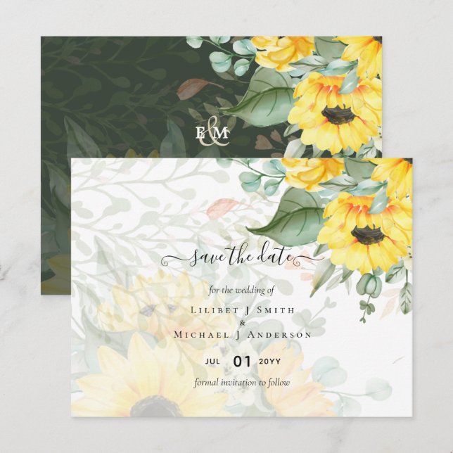 Postal Sunflowers Eucalyptus Greenery Boho Boda (Anverso / Reverso)