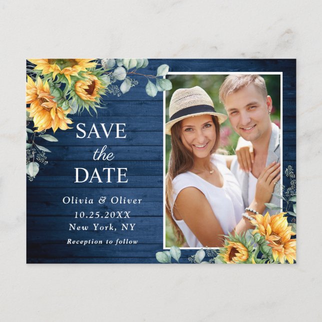 Postal Sunflowers Eucalyptus Rustic Wedding Save The Date (Anverso)