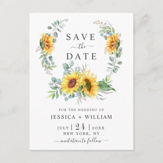 Postal Sunflowers Eucalyptus Wreath Wedding Save the Date (Anverso)