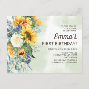 Postal Sunflowers Greenery Niñas Pequeñas Primer cumpleañ