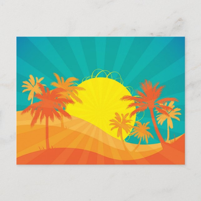 Postal Sunset Beach diseño de surf tropical retro (Anverso)