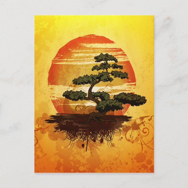Postal Sunset de bonsai Tree japonés (Anverso)